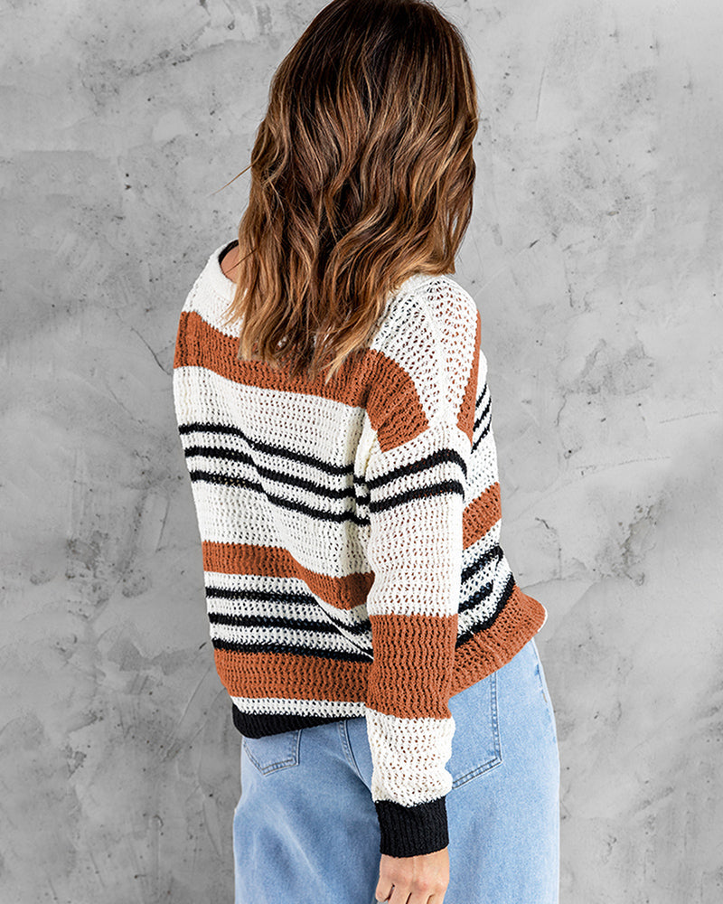 Striped Color Block Round Neck Loose Knit Sweater