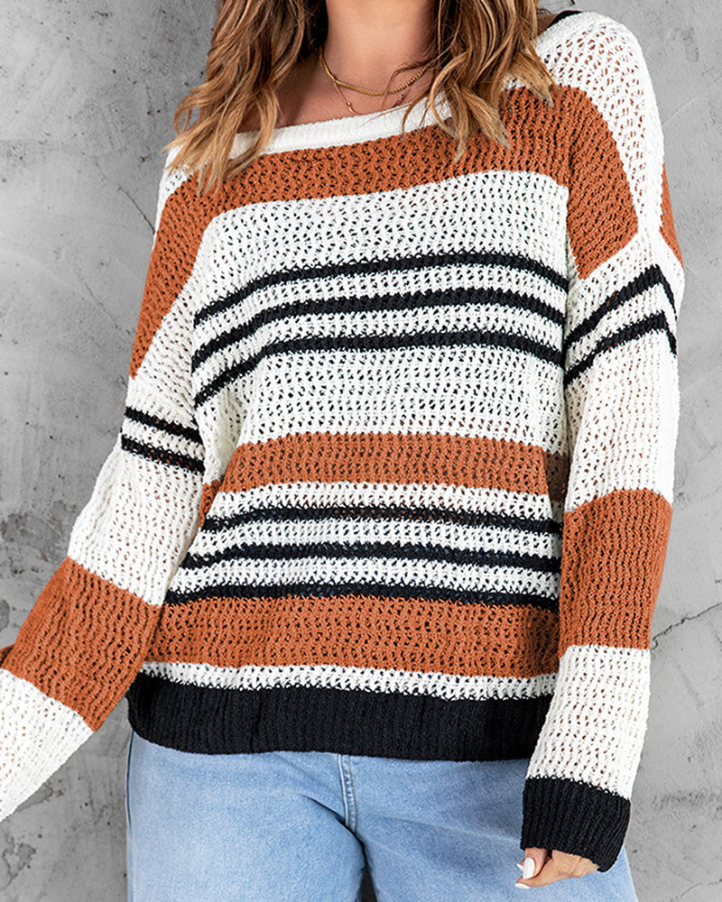 Striped Color Block Round Neck Loose Knit Sweater