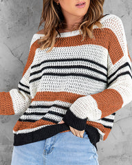 Striped Color Block Round Neck Loose Knit Sweater