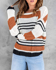 Striped Color Block Round Neck Loose Knit Sweater