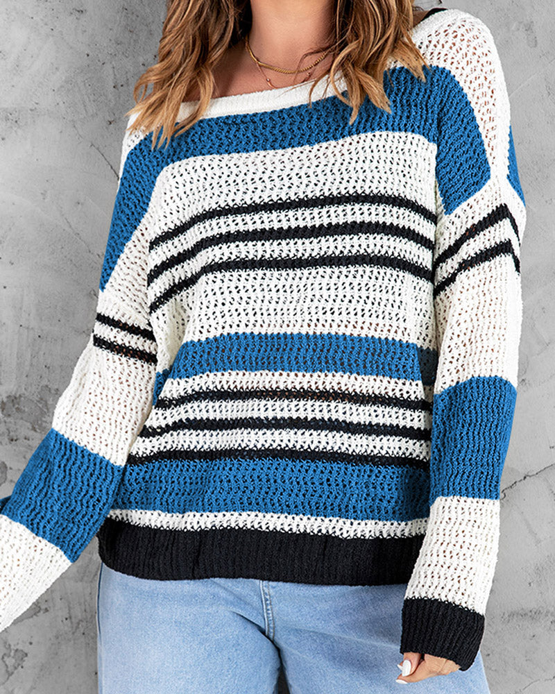 Striped Color Block Round Neck Loose Knit Sweater