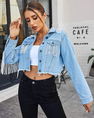 Women's Raw Hem Ripped Fringe Long Sleeve Crop Denim Jacket - Zeagoo (Us Only)