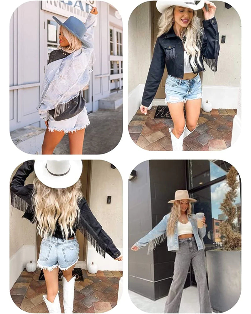 Women's Raw Hem Ripped Fringe Long Sleeve Crop Denim Jacket - Zeagoo (Us Only)