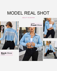Women's Raw Hem Ripped Fringe Long Sleeve Crop Denim Jacket - Zeagoo (Us Only)