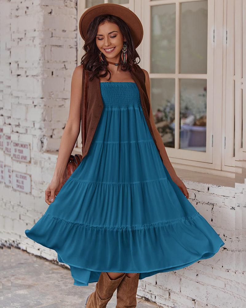 Women's Long Maxi Skirts Tiered High Waist Boho Elastic Layered A-Line Casual Midi Dress - Zeagoo (Us Only)