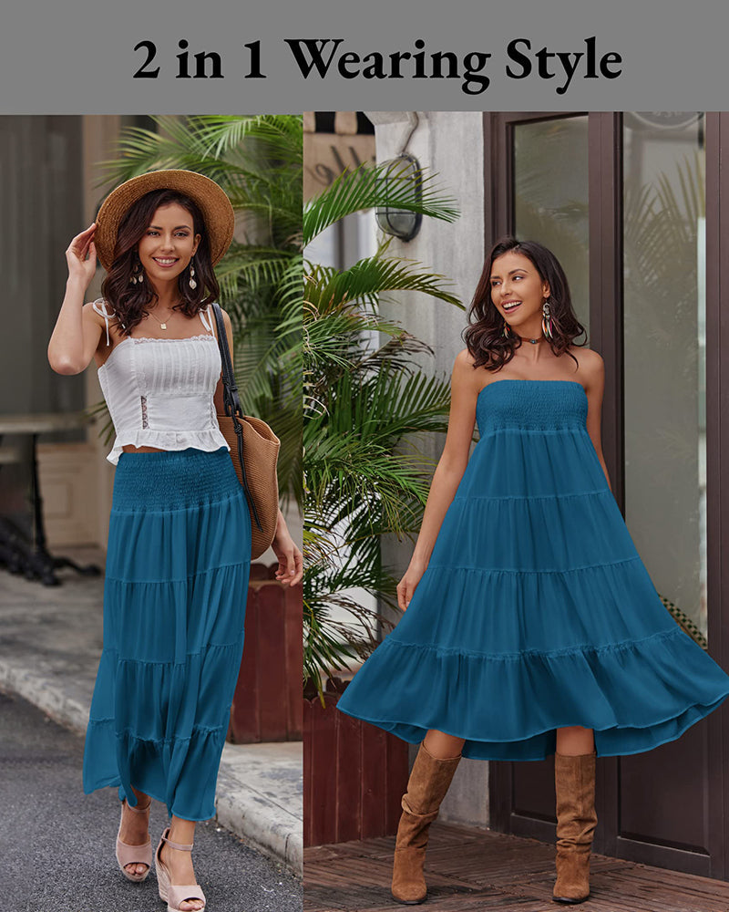 Women's Long Maxi Skirts Tiered High Waist Boho Elastic Layered A-Line Casual Midi Dress - Zeagoo (Us Only)