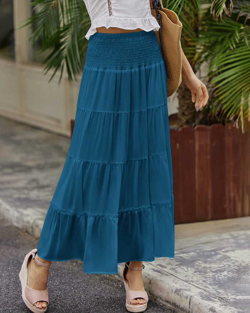 Women's Long Maxi Skirts Tiered High Waist Boho Elastic Layered A-Line Casual Midi Dress - Zeagoo (Us Only)