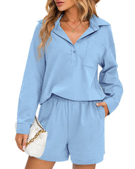 Womens 2 Piece Outfits Lounge Sets Cotton Linen Long Sleeve V-Neck Shirt and Mini Shorts With Pockets - Zeagoo (Us Only)