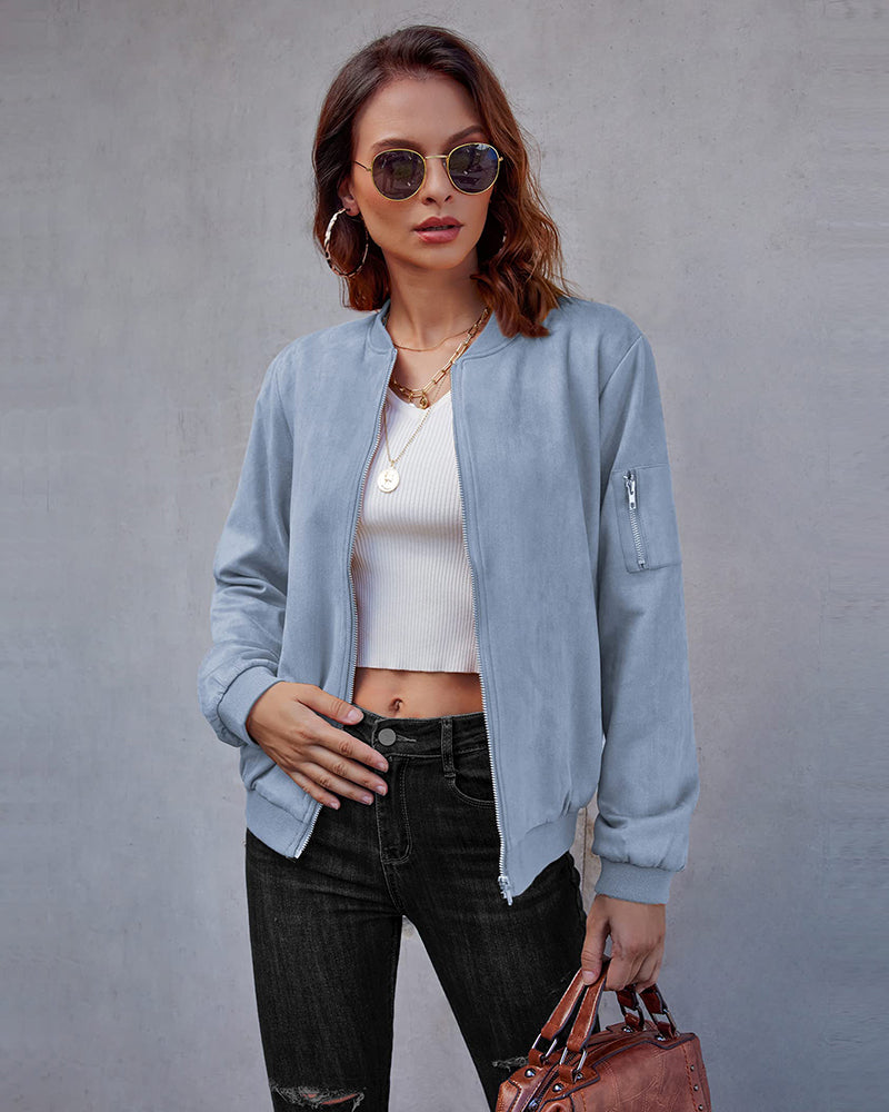 Faux Bomber Zip Up Lightweight Jacket Coat with Pockets - Zeagoo (Us Only)