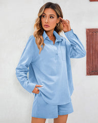 Womens 2 Piece Outfits Lounge Sets Cotton Linen Long Sleeve V-Neck Shirt and Mini Shorts With Pockets - Zeagoo (Us Only)