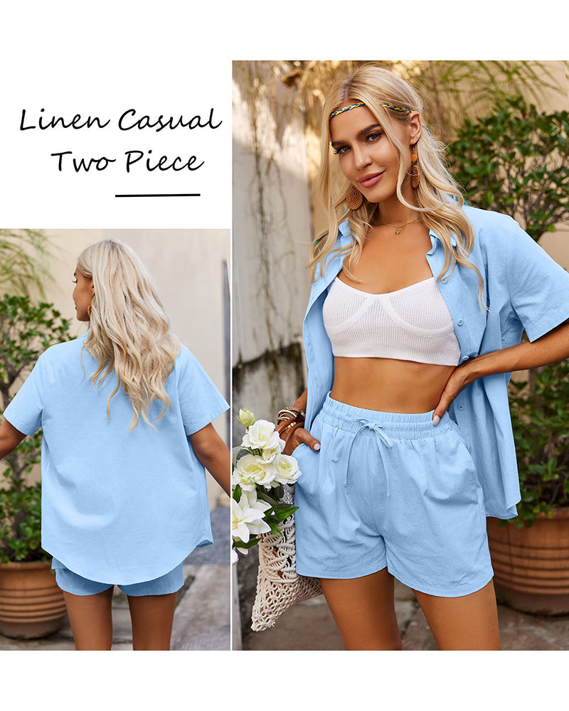 Women 2 Piece Linen Set Outfit Summer Button Down Casual Lounge Beach Set - Zeagoo (Us Only)