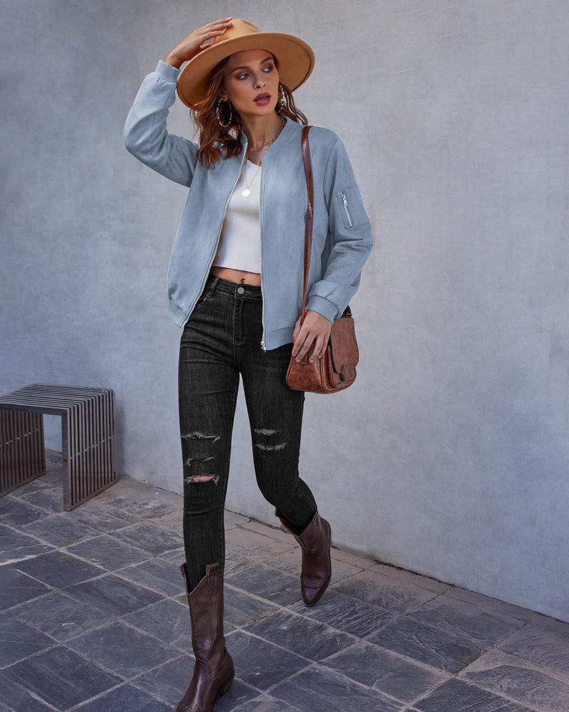 Faux Bomber Zip Up Lightweight Jacket Coat with Pockets - Zeagoo (Us Only)