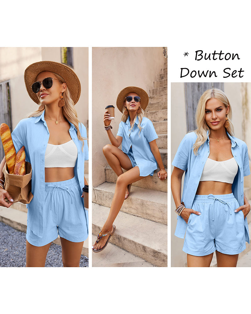 Women 2 Piece Linen Set Outfit Summer Button Down Casual Lounge Beach Set - Zeagoo (Us Only)