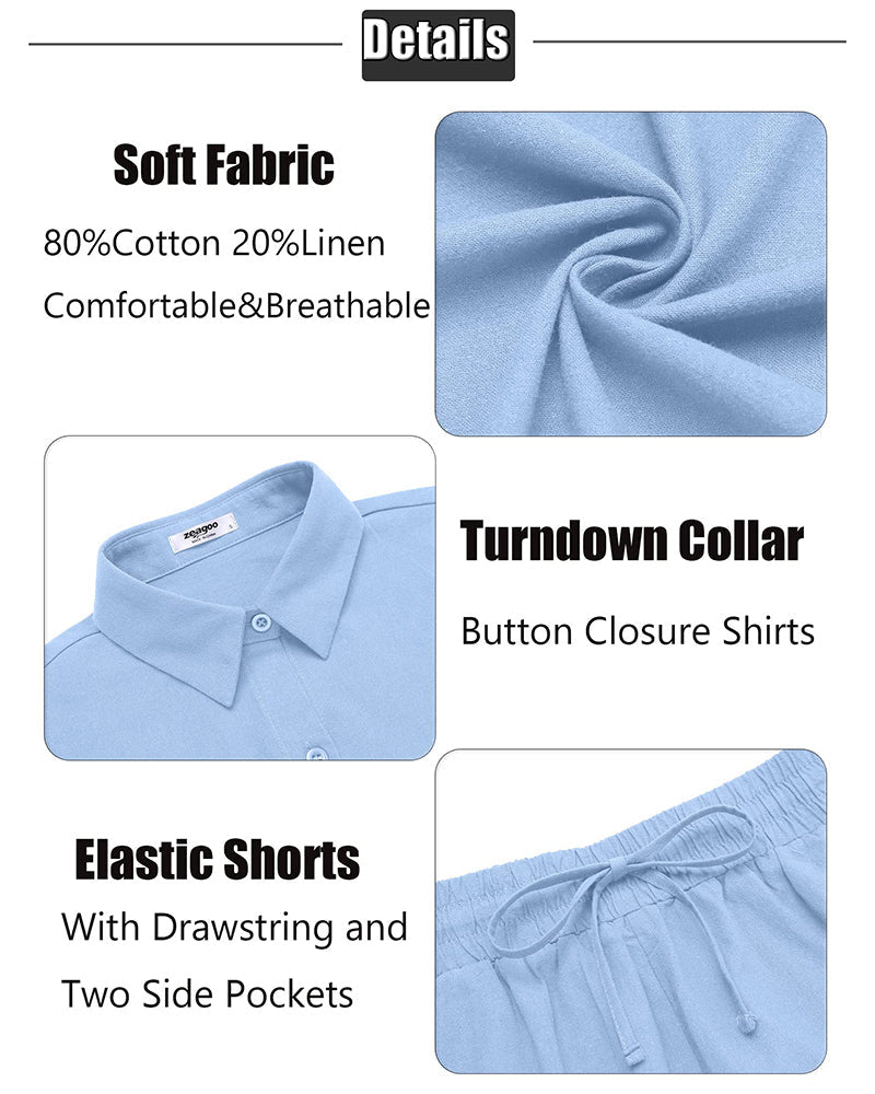 Women 2 Piece Linen Set Outfit Summer Button Down Casual Lounge Beach Set - Zeagoo (Us Only)