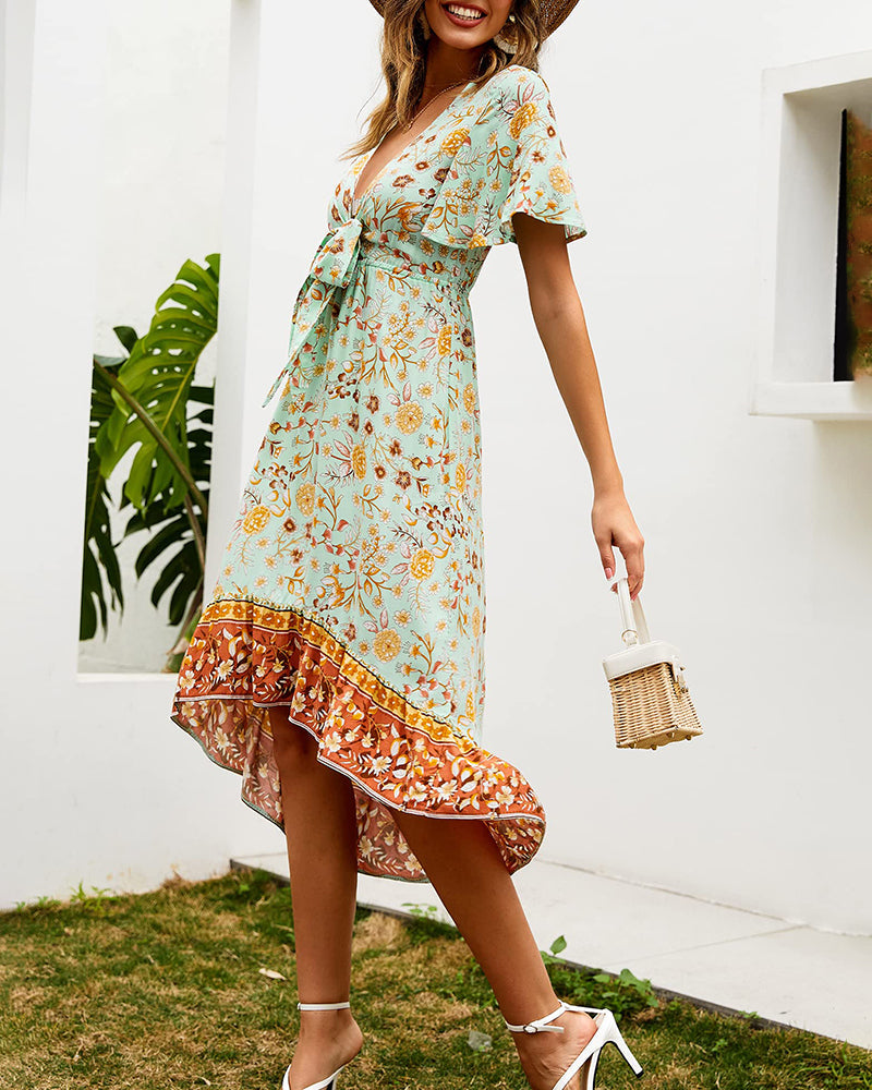 Bohemian Floral Tie Front V Neck Midi Dresses - Zeagoo (Us Only)