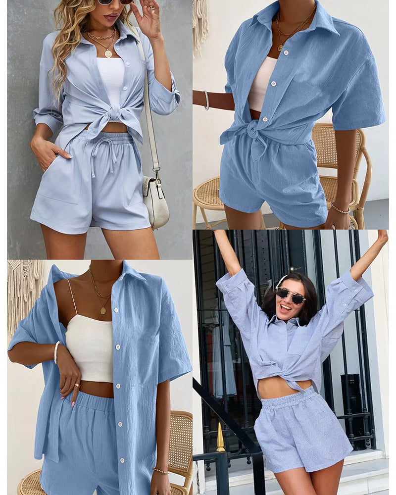 Women's 2 Piece Casual Tracksuit Outfit Sets Cotton Linen Short Sleeve Button Down Shirt and Loose Casual Shorts Set - Zeagoo (Us Only)