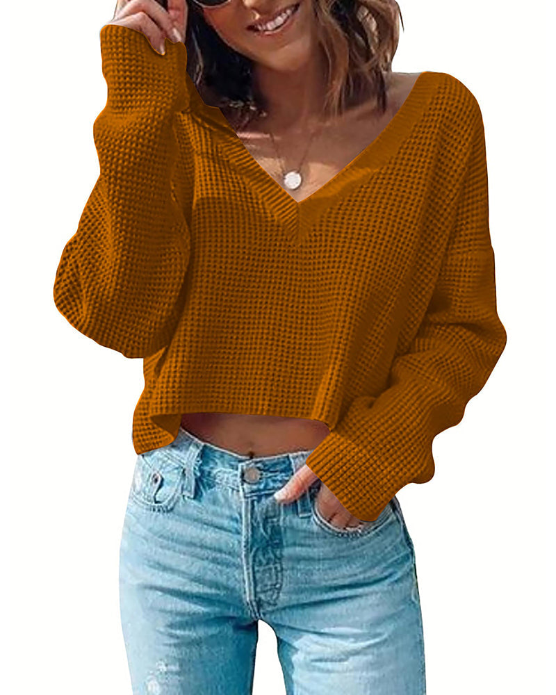 Zeagoo Women Long Sleeve Tops Waffle Knit Shirts Fashion Cropped Top Casual V Neck T Shirts