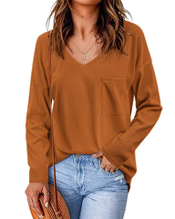 Zeagoo Women Waffle Knit Tops Casual Long Sleeve Shirts Solid Color V Neck Shirt