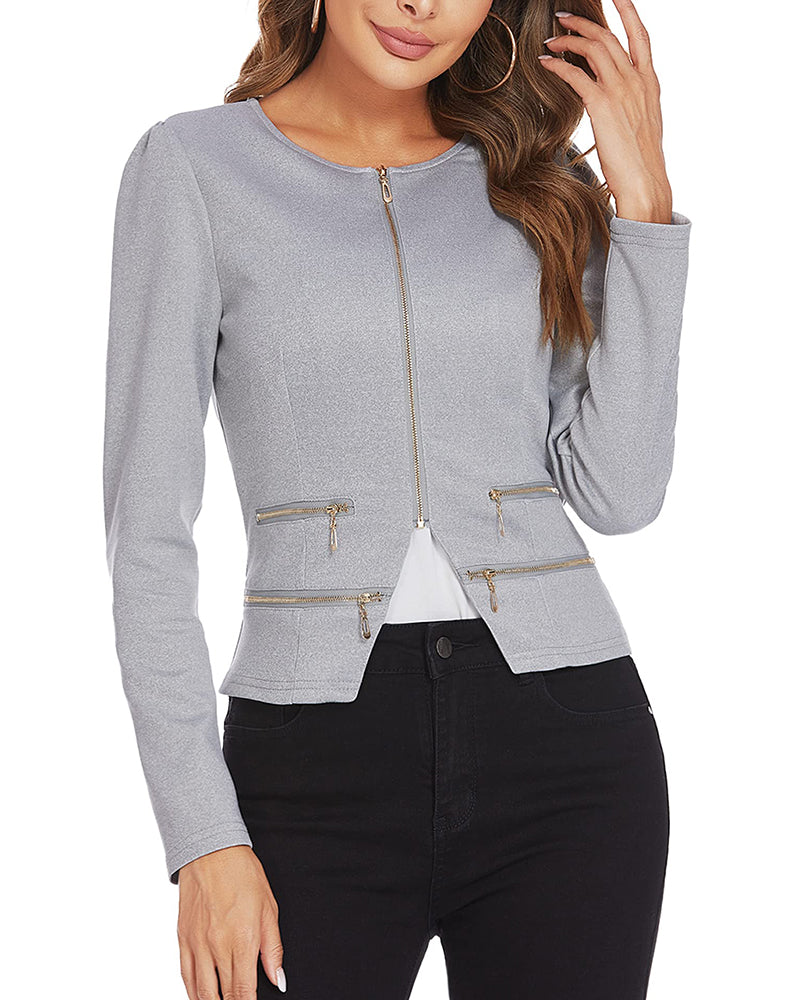 Zeagoo Womens Blazer Cropped Open Front Zipper Dress Jacket O Neck Casual Office Suit Jacket