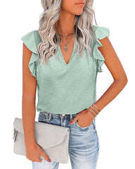 Women's Casual Ruffle Sleeve Summer Tops Sexy V Neck Tank Tops Shirts Short Sleeve Loose T Shirt Blouses - Zeagoo (Us Only)