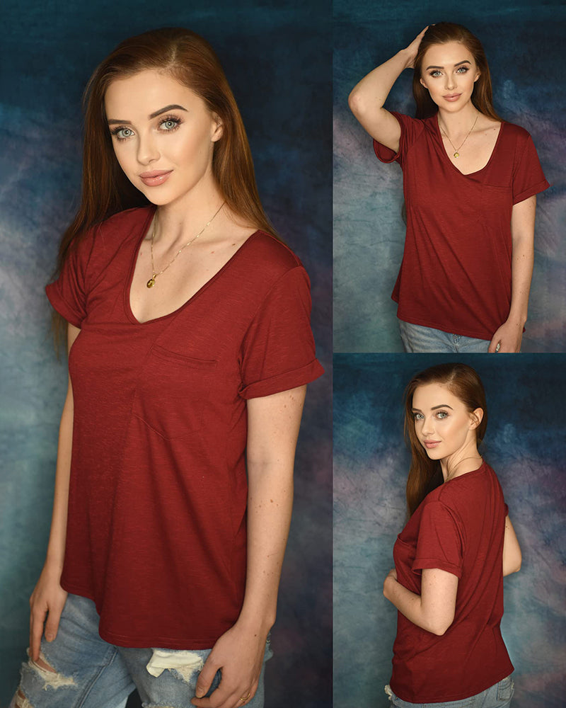 Women's Scoop Neck Short Sleeve Tees Chest Pocket T Shirt Summer Blouses Tops - Zeagoo (Us Only)