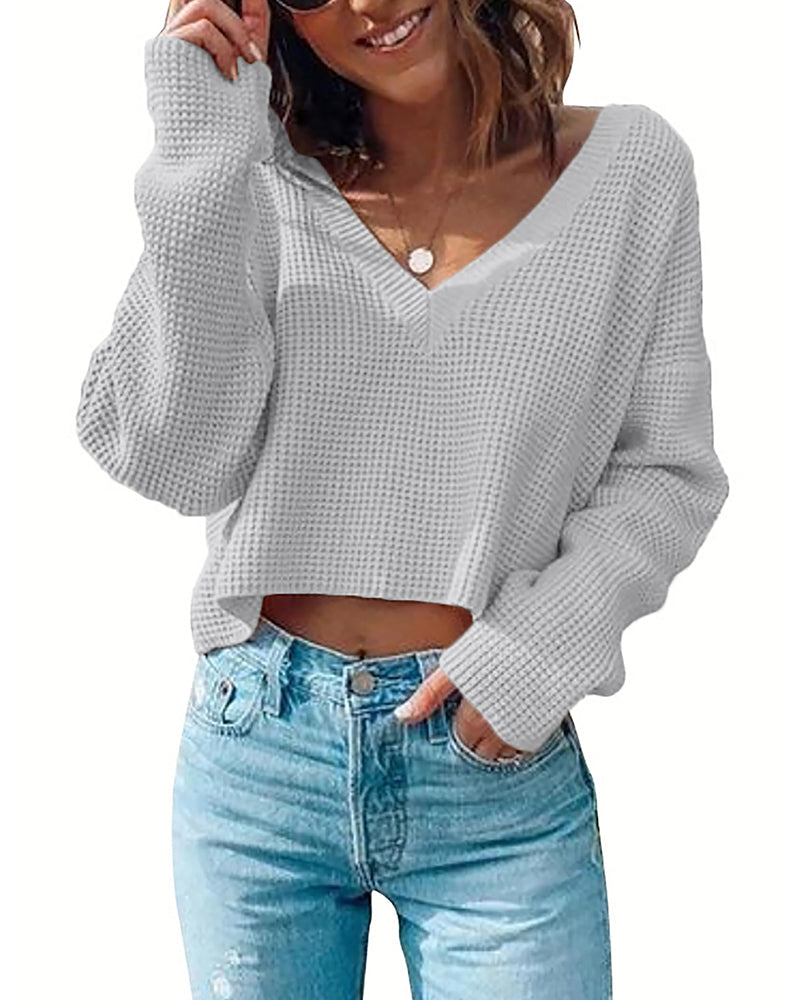 Zeagoo Women Long Sleeve Tops Waffle Knit Shirts Fashion Cropped Top Casual V Neck T Shirts