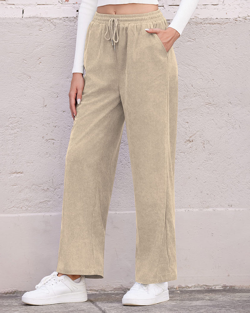 Womens Corduroy Pants Elastic Waist Drawstring Long Pants Casual Loose Straight Leg Trousers with Pockets - Zeagoo (Us Only)