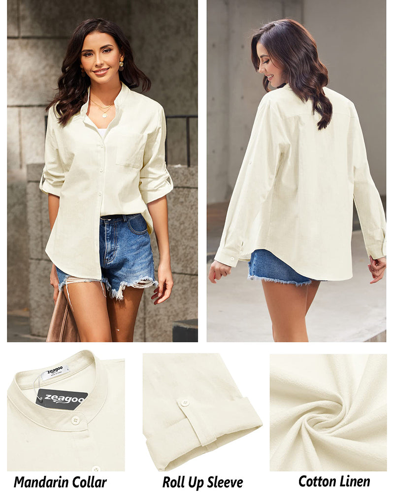 Women Cotton Linen Shirts Beach V Neck Roll Up Sleeve Button Down Blouses Shirts Summer Casual Dress Tops - Zeagoo (Us Only)