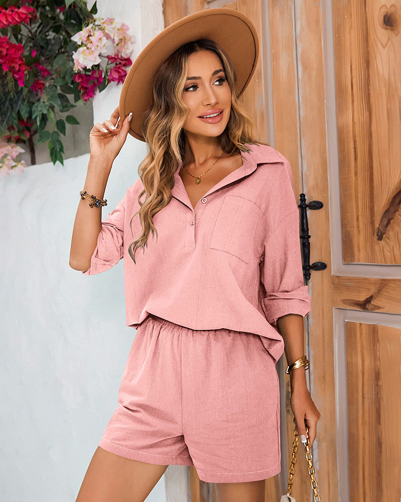 Womens 2 Piece Outfits Lounge Sets Cotton Linen Long Sleeve V-Neck Shirt and Mini Shorts With Pockets - Zeagoo (Us Only)