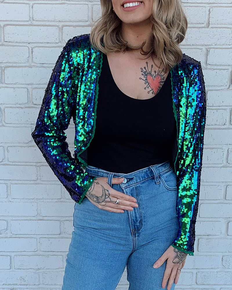 Sequin Shrug Glitter Bolero Jackets with Sparkly Blazer Long Sleeve Cropped Cardigan - Zeagoo (Us Only)