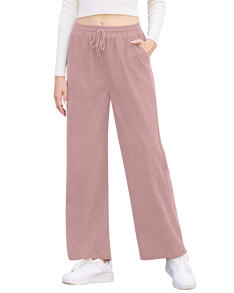 Womens Corduroy Pants Elastic Waist Drawstring Long Pants Casual Loose Straight Leg Trousers with Pockets - Zeagoo (Us Only)