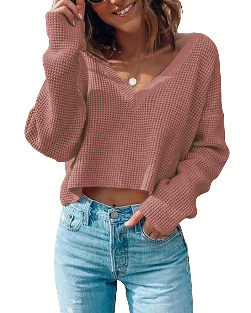 Zeagoo Women Long Sleeve Tops Waffle Knit Shirts Fashion Cropped Top Casual V Neck T Shirts