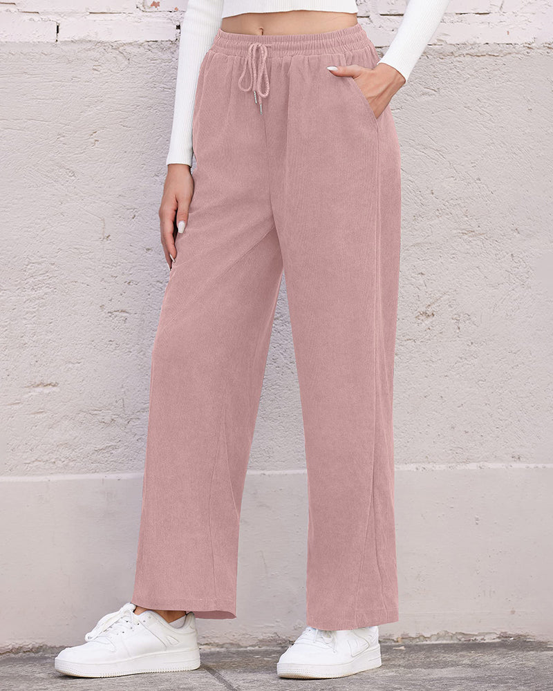 Womens Corduroy Pants Elastic Waist Drawstring Long Pants Casual Loose Straight Leg Trousers with Pockets - Zeagoo (Us Only)