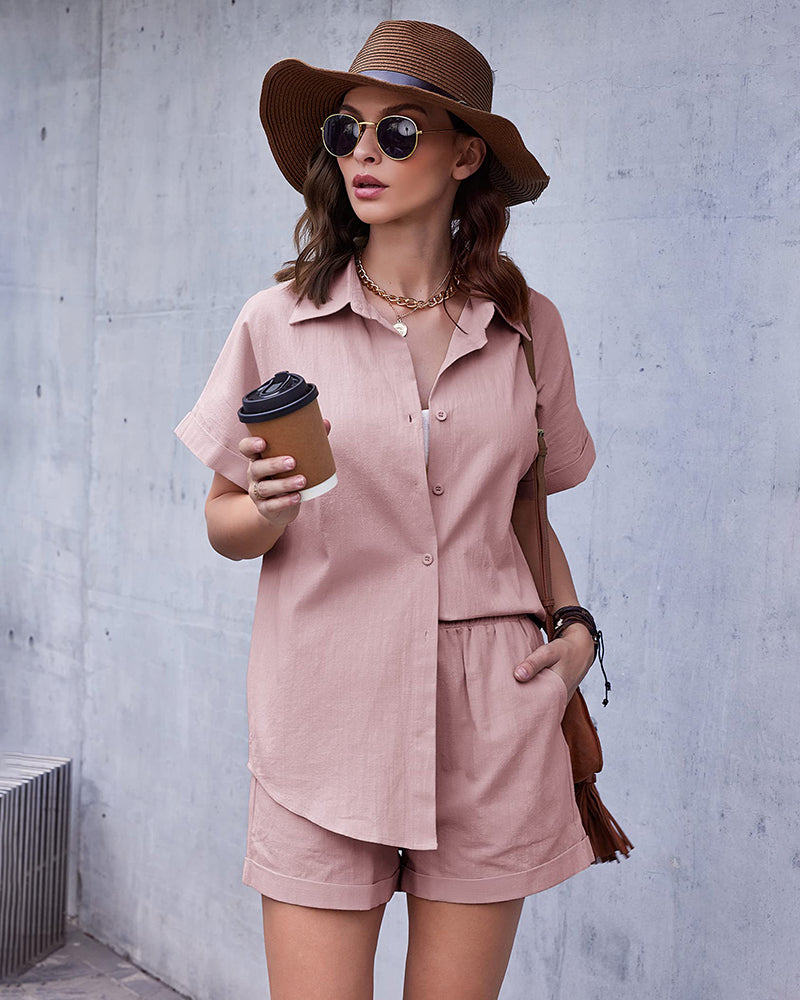 Women's 2 Piece Casual Tracksuit Outfit Sets Cotton Linen Short Sleeve Button Down Shirt and Loose Casual Shorts Set - Zeagoo (Us Only)