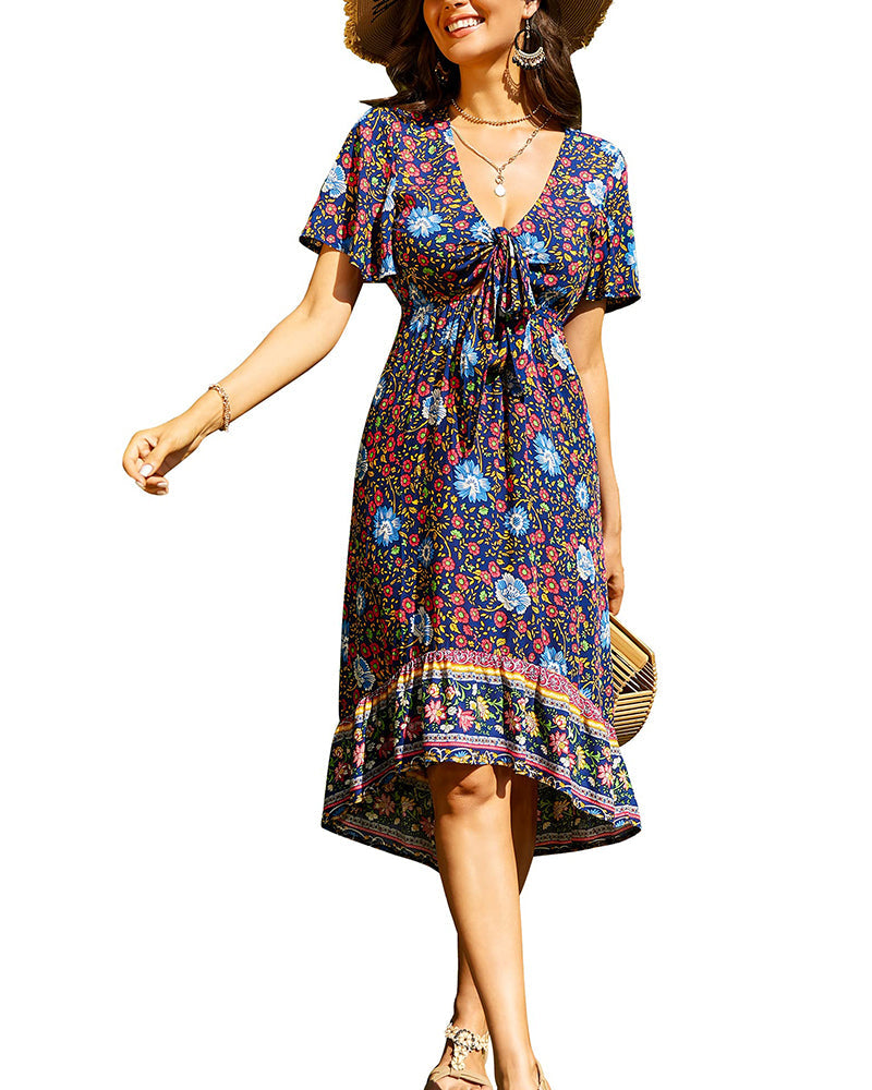 Bohemian Floral Tie Front V Neck Midi Dresses - Zeagoo (Us Only)