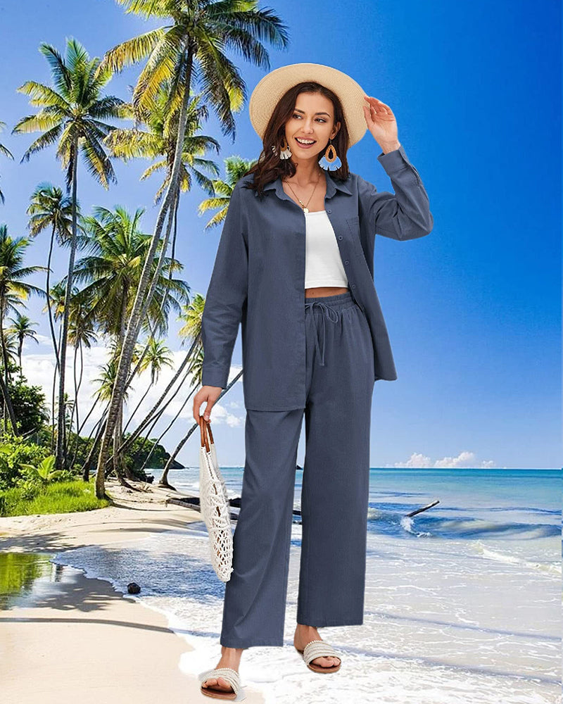 Women 2 Piece Linen Sets Button Down Linen Shirts Summer Loose Long Pants Vacation Beach Outfits - Zeagoo (Us Only)