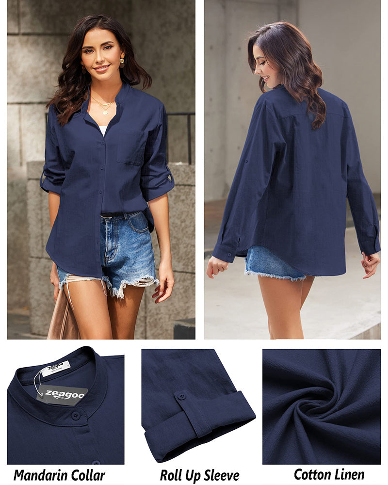 Women Cotton Linen Shirts Beach V Neck Roll Up Sleeve Button Down Blouses Shirts Summer Casual Dress Tops - Zeagoo (Us Only)