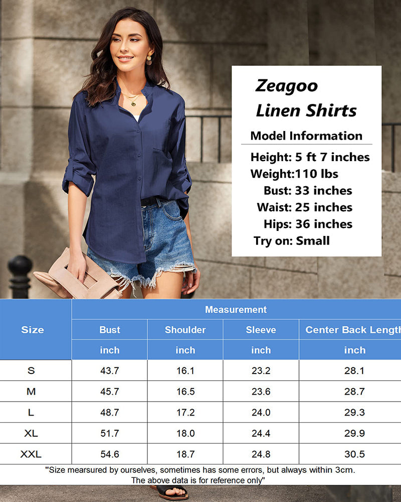 Women Cotton Linen Shirts Beach V Neck Roll Up Sleeve Button Down Blouses Shirts Summer Casual Dress Tops - Zeagoo (Us Only)