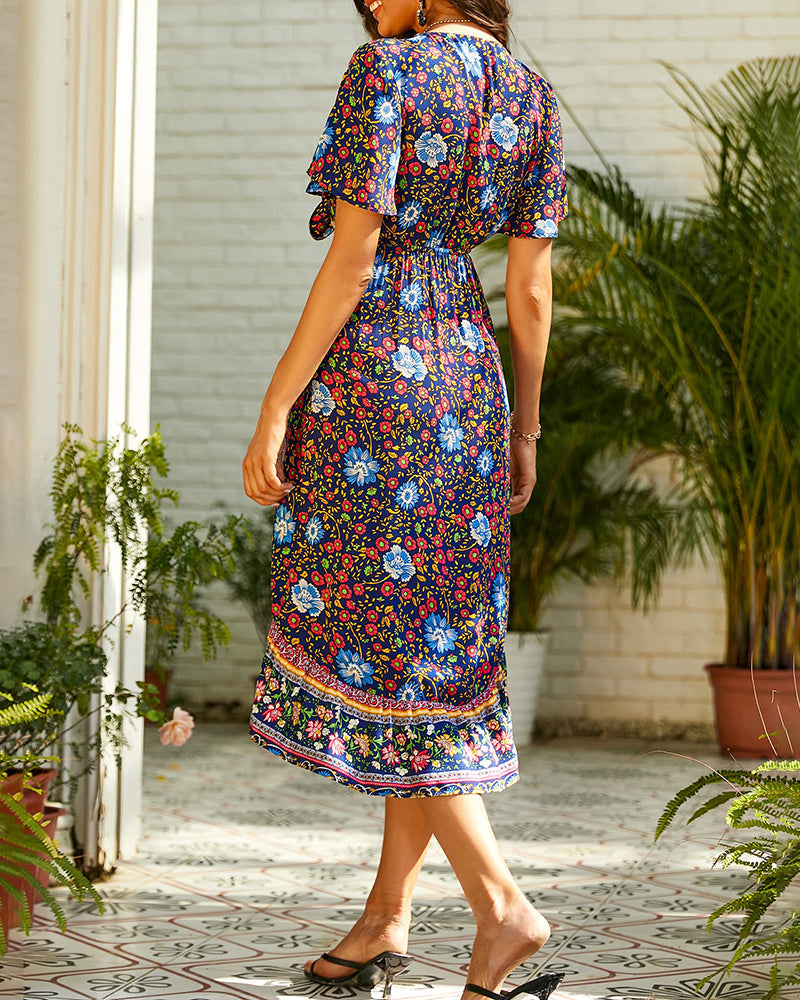 Bohemian Floral Tie Front V Neck Midi Dresses - Zeagoo (Us Only)