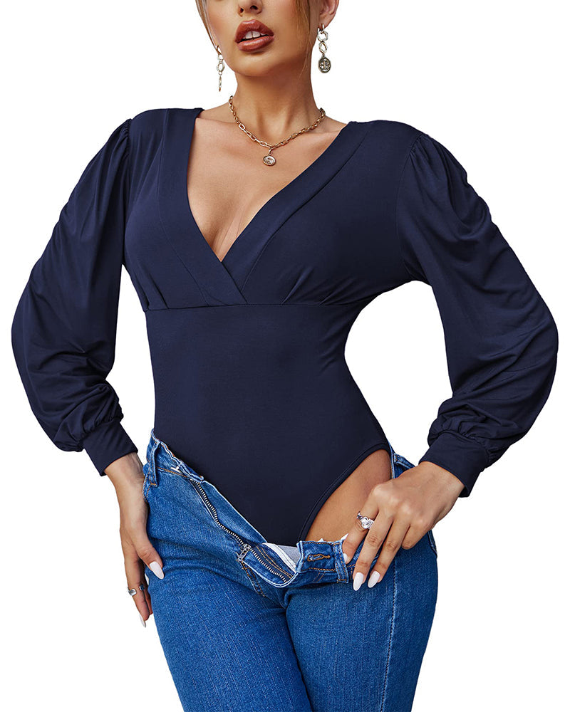 Women Sexy Bodysuits Long Sleeve V Neck Jumpsuits Tops Leotard Shirts - Zeagoo (Us Only)