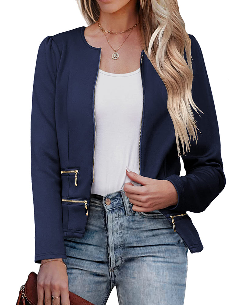 Zeagoo Womens Blazer Cropped Open Front Zipper Dress Jacket O Neck Casual Office Suit Jacket