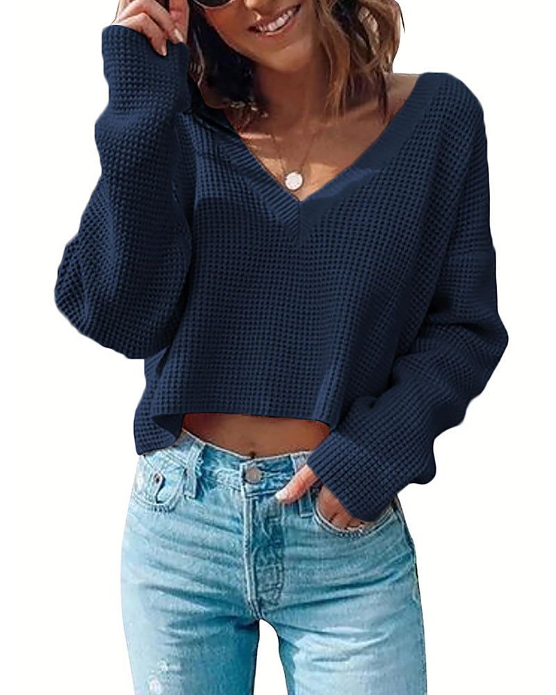 Zeagoo Women Long Sleeve Tops Waffle Knit Shirts Fashion Cropped Top Casual V Neck T Shirts