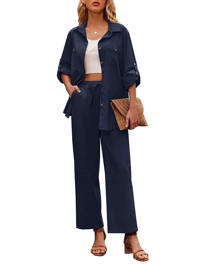Zeagoo Women 2 Piece Linen Sets Button Down Shirt and Drawstring Long Pants Set Summer Outfits (US Only)