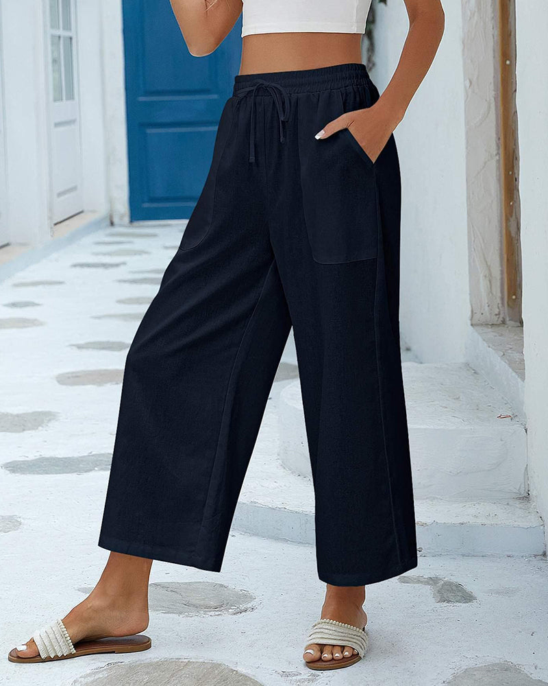 Women Cotton Linen Pants High Waisted Wide Leg Long Lounge Palazzo Pants Trousers with Pockets S-XXL - Zeagoo (Us Only)