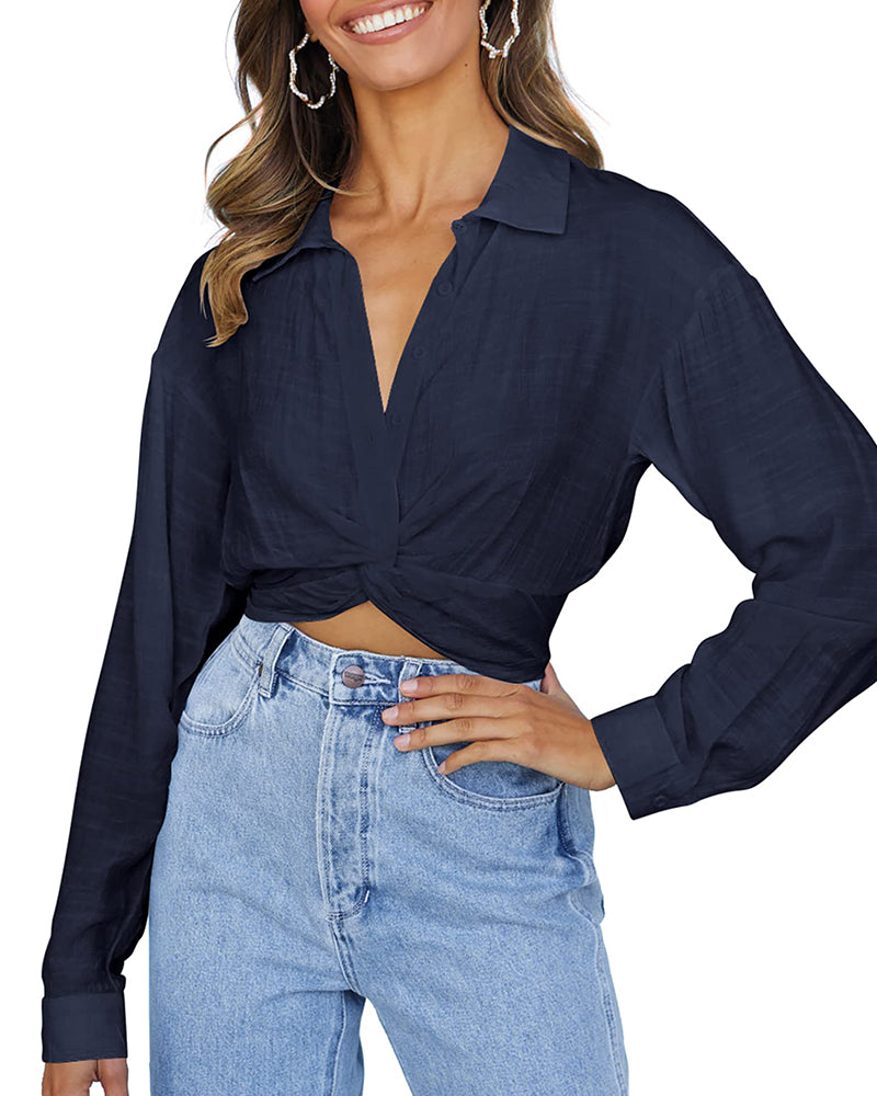 Zeagoo Women's V Neck Twist Hem Blouse Long Sleeve Crop Top Casual Button Shirts