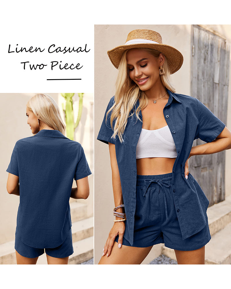 Women 2 Piece Linen Set Outfit Summer Button Down Casual Lounge Beach Set - Zeagoo (Us Only)