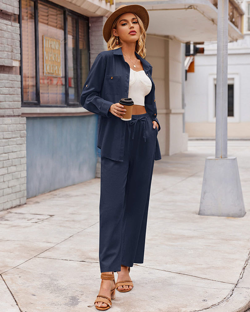 Zeagoo Women 2 Piece Linen Sets Button Down Shirt and Drawstring Long Pants Set Summer Outfits (US Only)