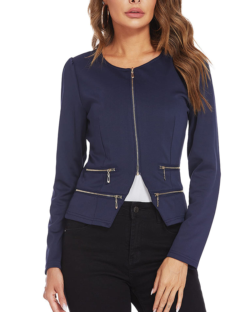 Zeagoo Womens Blazer Cropped Open Front Zipper Dress Jacket O Neck Casual Office Suit Jacket