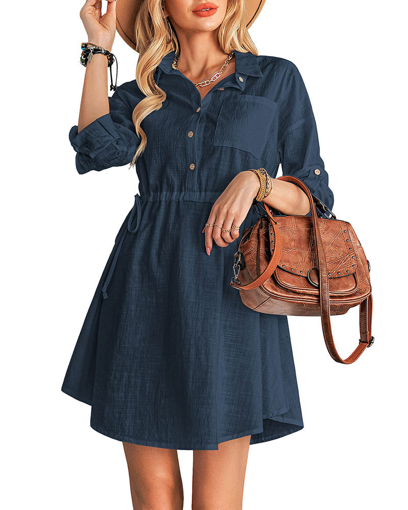 Women's Long Sleeve Button Down Linen Tunic Dress Shirts Boho Beach Coverup Dresses with Belt - Zeagoo (Us Only)