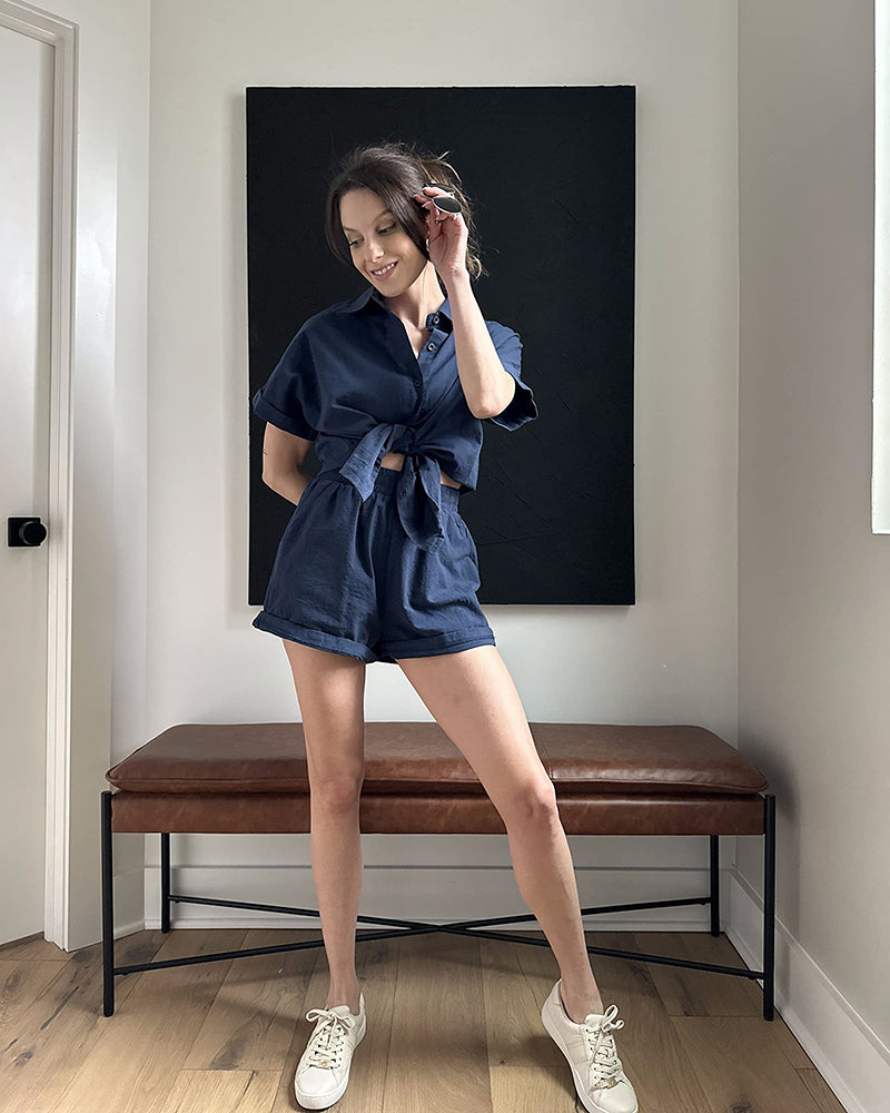 Women's 2 Piece Casual Tracksuit Outfit Sets Cotton Linen Short Sleeve Button Down Shirt and Loose Casual Shorts Set - Zeagoo (Us Only)